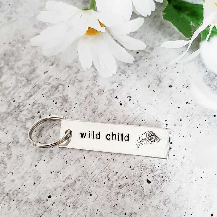 Wild Child Hand-Stamped Metal Bar Keychain Silver - Image 2