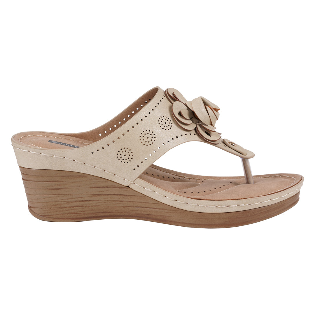 Willa Gold Floral Wedge Sandals with Perforated Detail