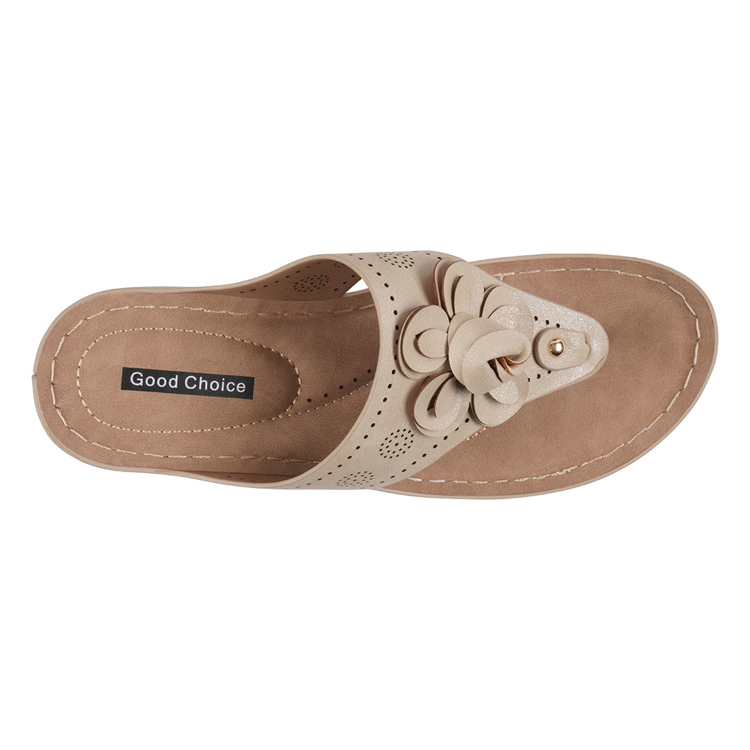 Willa Gold Floral Wedge Sandals with Perforated Detail