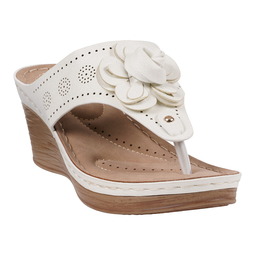 Women's Willa White Floral Wedge Sandals with perforated detail and cushioned insole