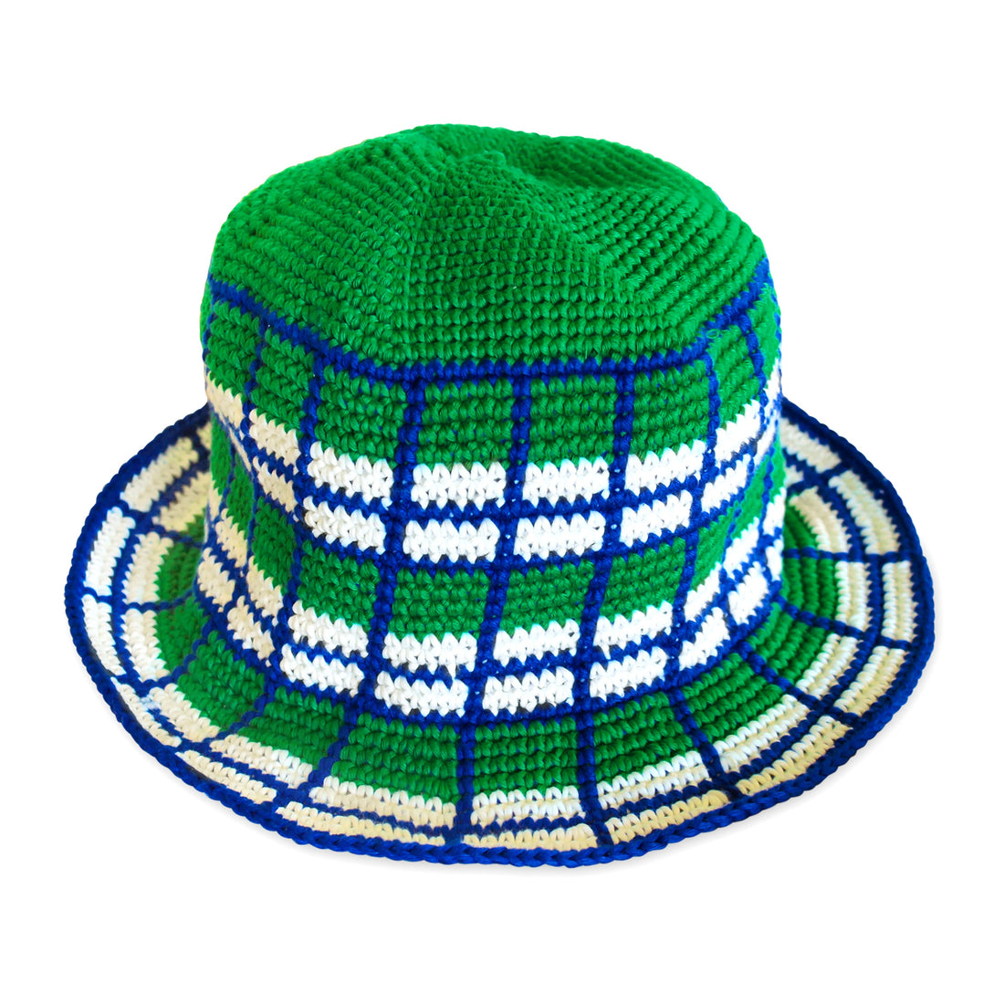 Wimbledon Plaid Crochet Bucket Hat in Green and Blue Cotton - Image 2