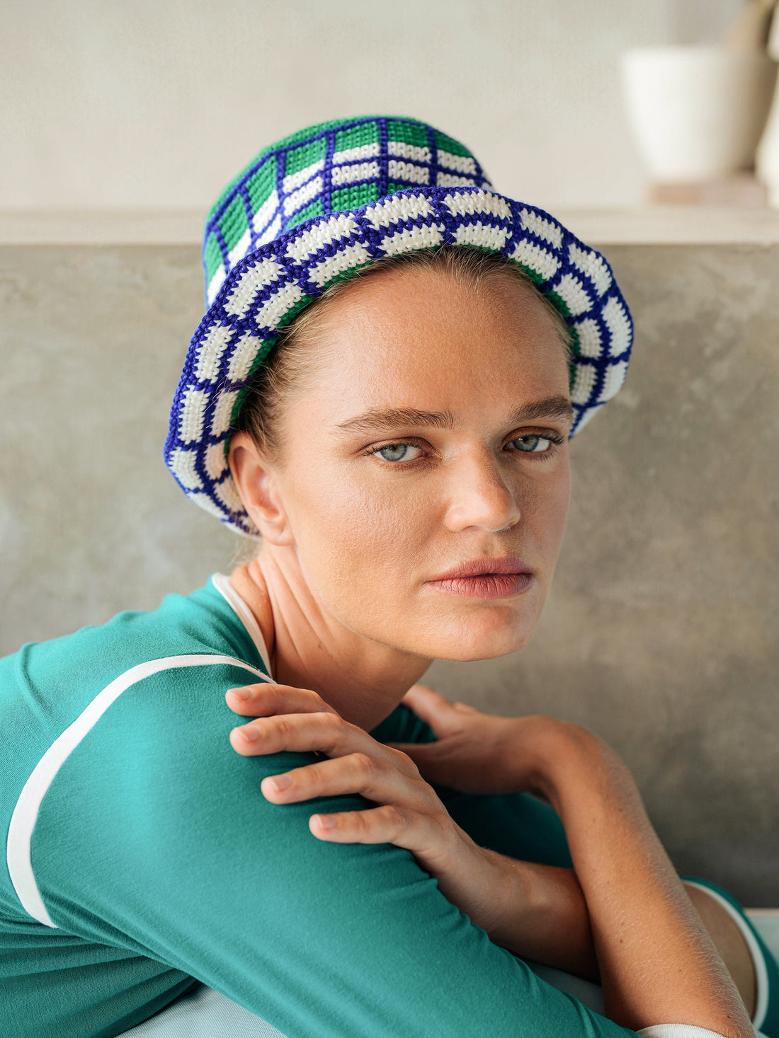 Wimbledon Plaid Crochet Bucket Hat in Green and Blue Cotton - Image 4
