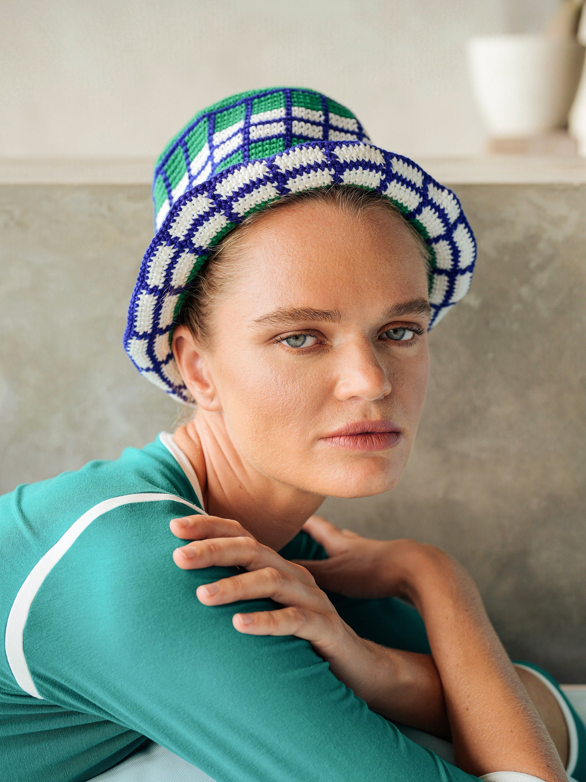 Wimbledon Plaid Crochet Bucket Hat in Green and Blue Cotton - Image 4