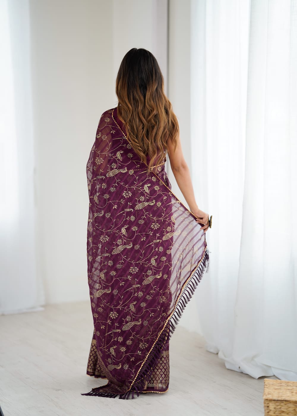 Lorenvalley Fashion Wine Solo Georgette Superb Finishing Foils Print & Fancy Zalar Lace in Border Saree with Blouse