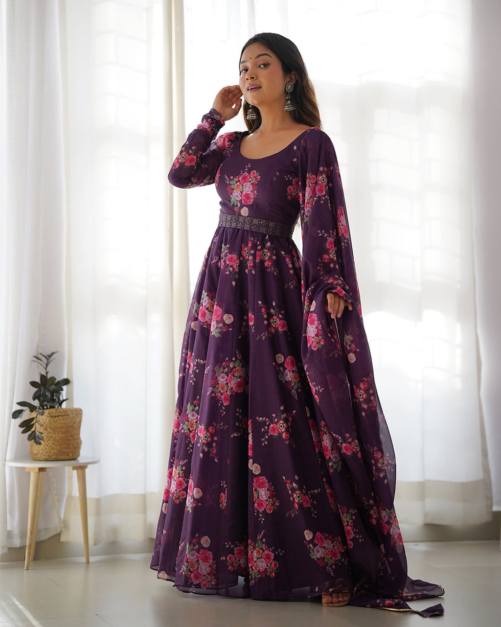 Wine floral print pure soft organza silk Anarkali gown with matching pant and dupatta set