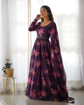 Wine floral print pure soft organza silk Anarkali gown with matching pant and dupatta set