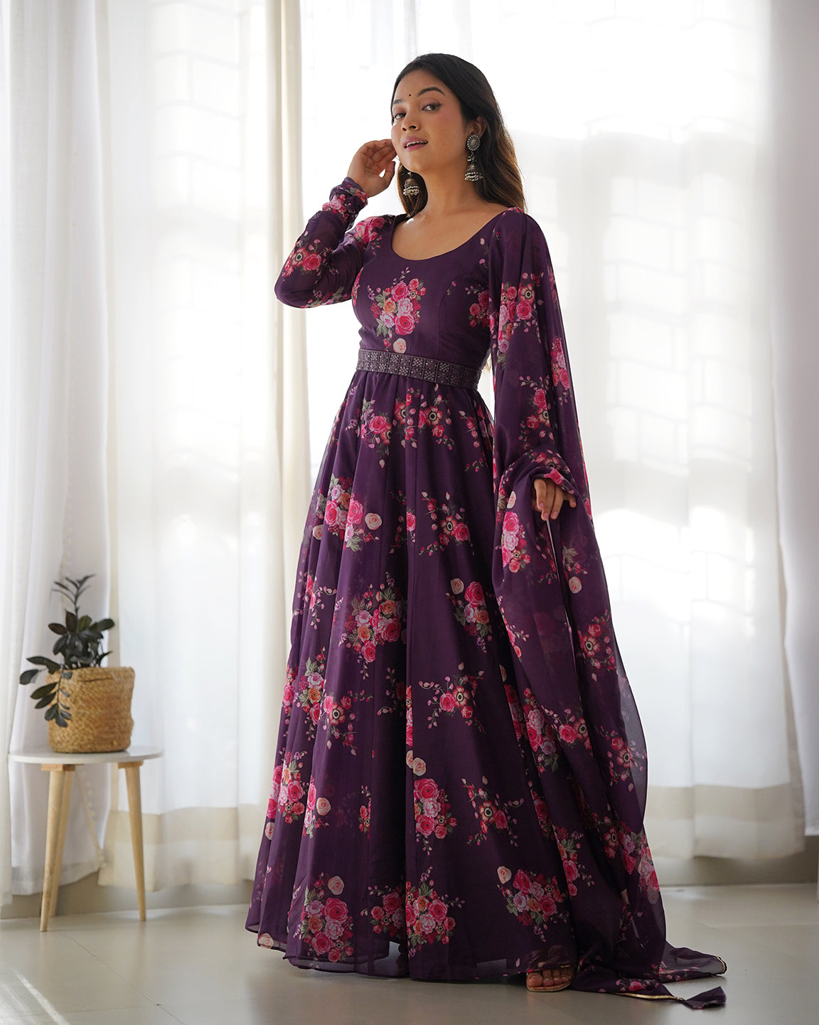 Wine floral print pure soft organza silk Anarkali gown with matching pant and dupatta set