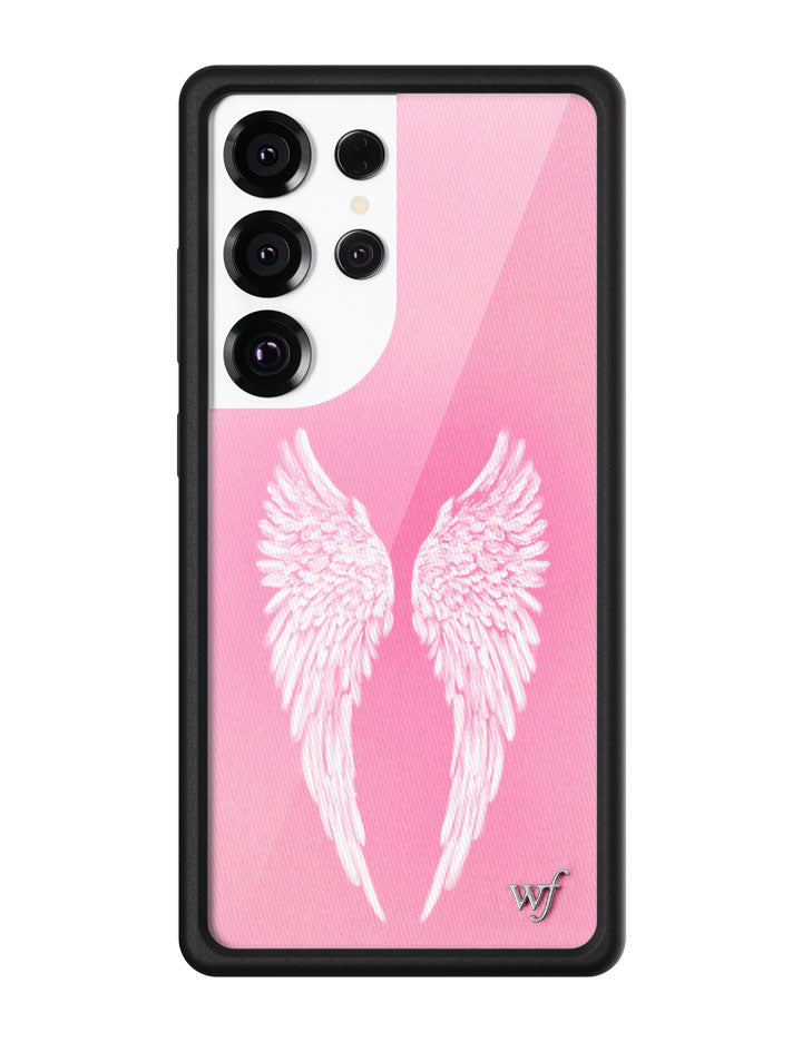 Angel Baby Samsung Galaxy case with soft pink background and white wing graphic on a black rubber bumper
