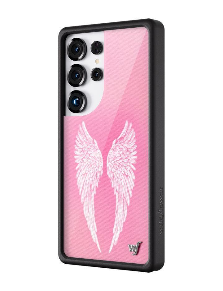 Angel Baby Pink Samsung Galaxy Case with White Wing Print - Image 2