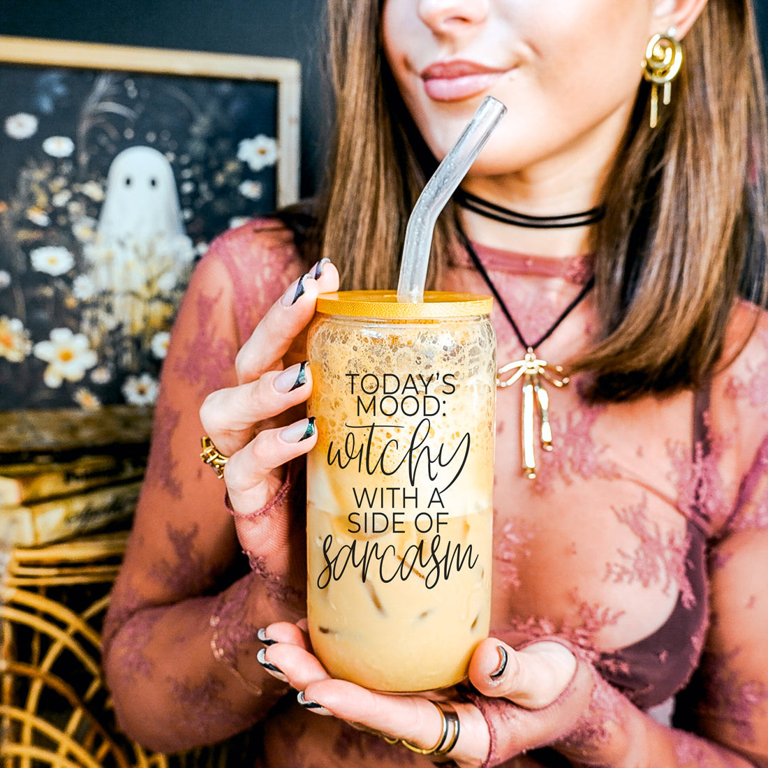 Witchy With a Side of Sarcasm 20oz Glass Tumbler with Lid - Image 32