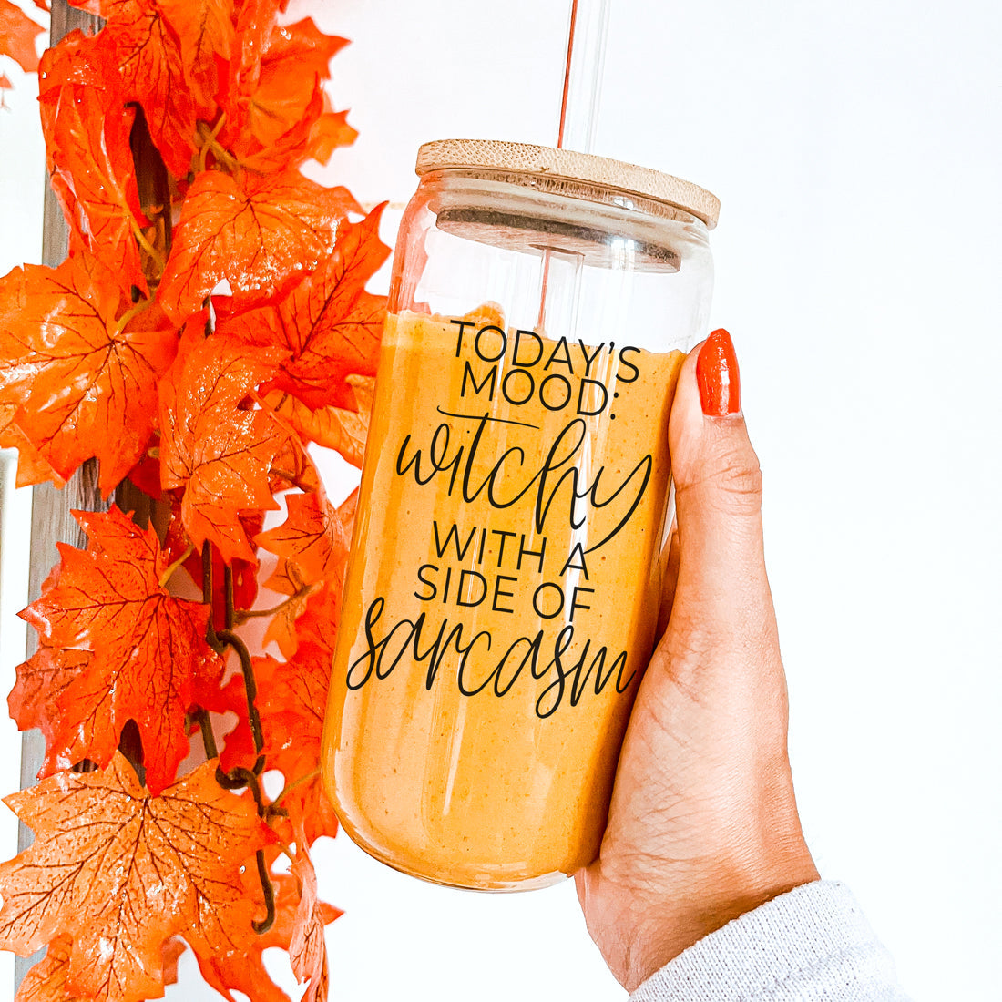 Witchy With a Side of Sarcasm 20oz Glass Tumbler with Lid - Image 35