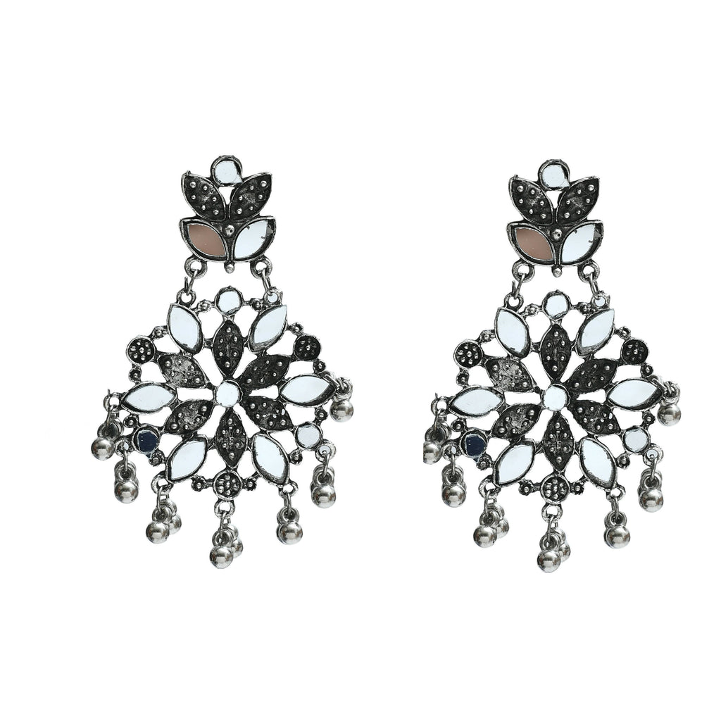 Johar Kamal Oxidised Silver-Plated Mirror Work Long Necklace Set