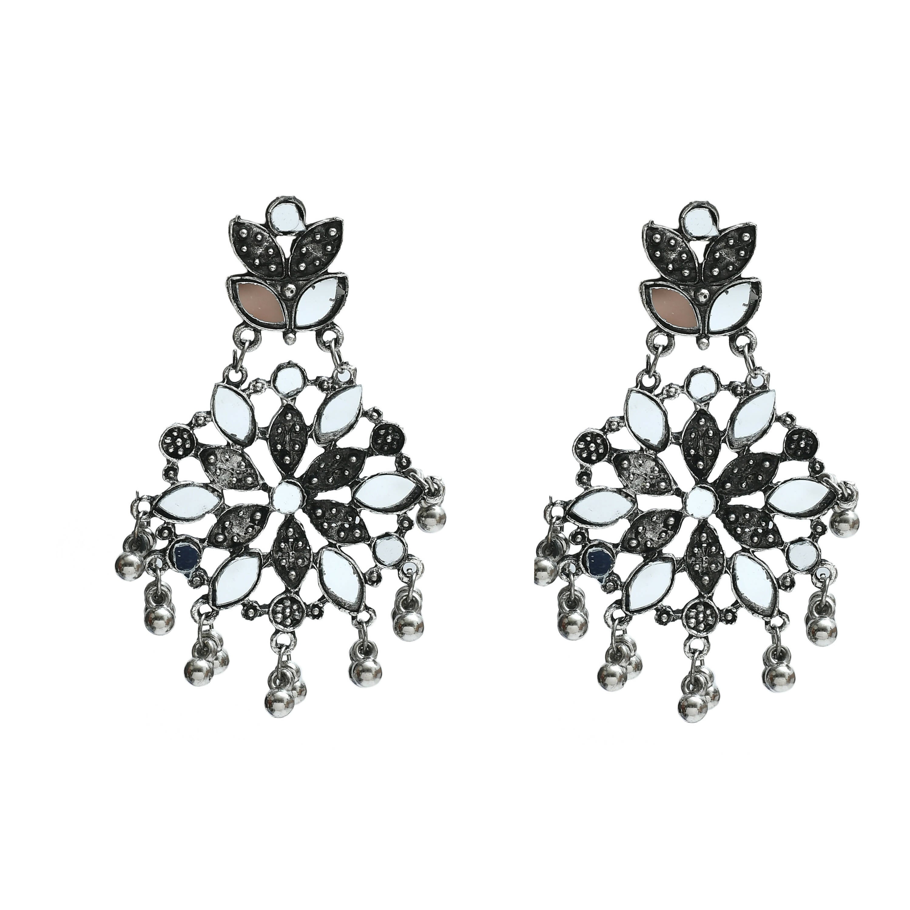 Johar Kamal Oxidised Silver-Plated Mirror Work Long Necklace Set