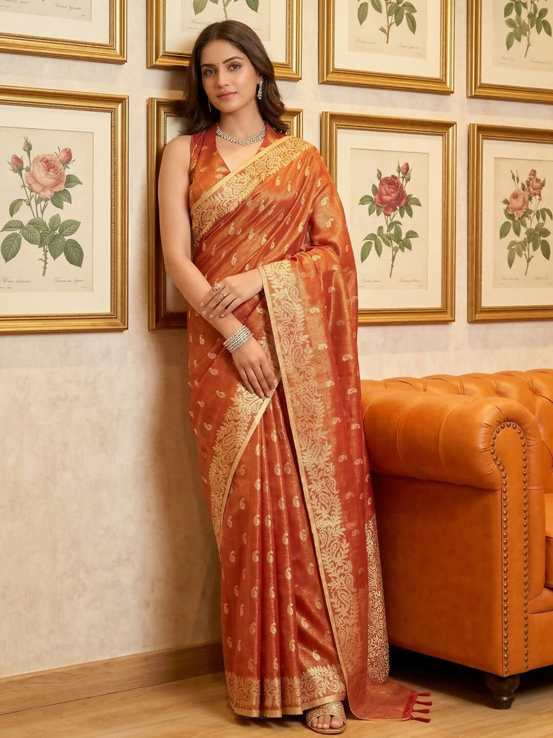 Rust Tissue Silk Saree with Matching Blouse