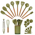 Silicone Kitchen Utensils Set & Holder: Cooking Utensils Set - Kitchen Essentials for New Home & 1st Apartment- Silicone Spatula Set Cooking Spoons for Nonstick Cookware (Acacia Wood Green)