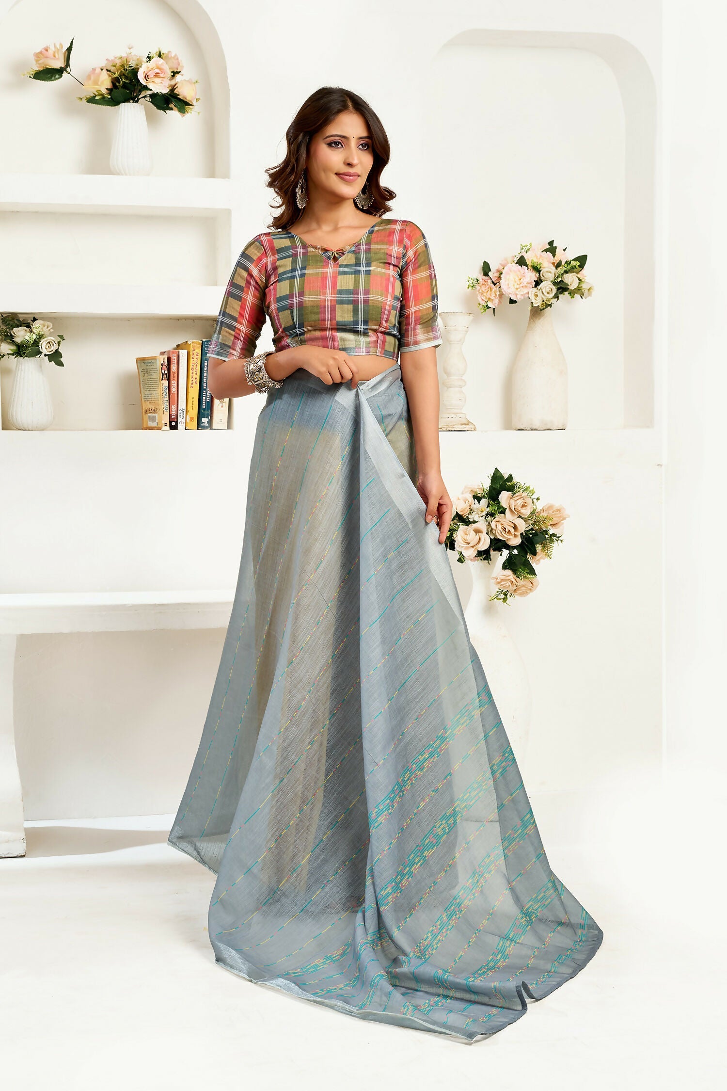 Grey Striped Linen Ready To Wear Saree With Multi Blouse