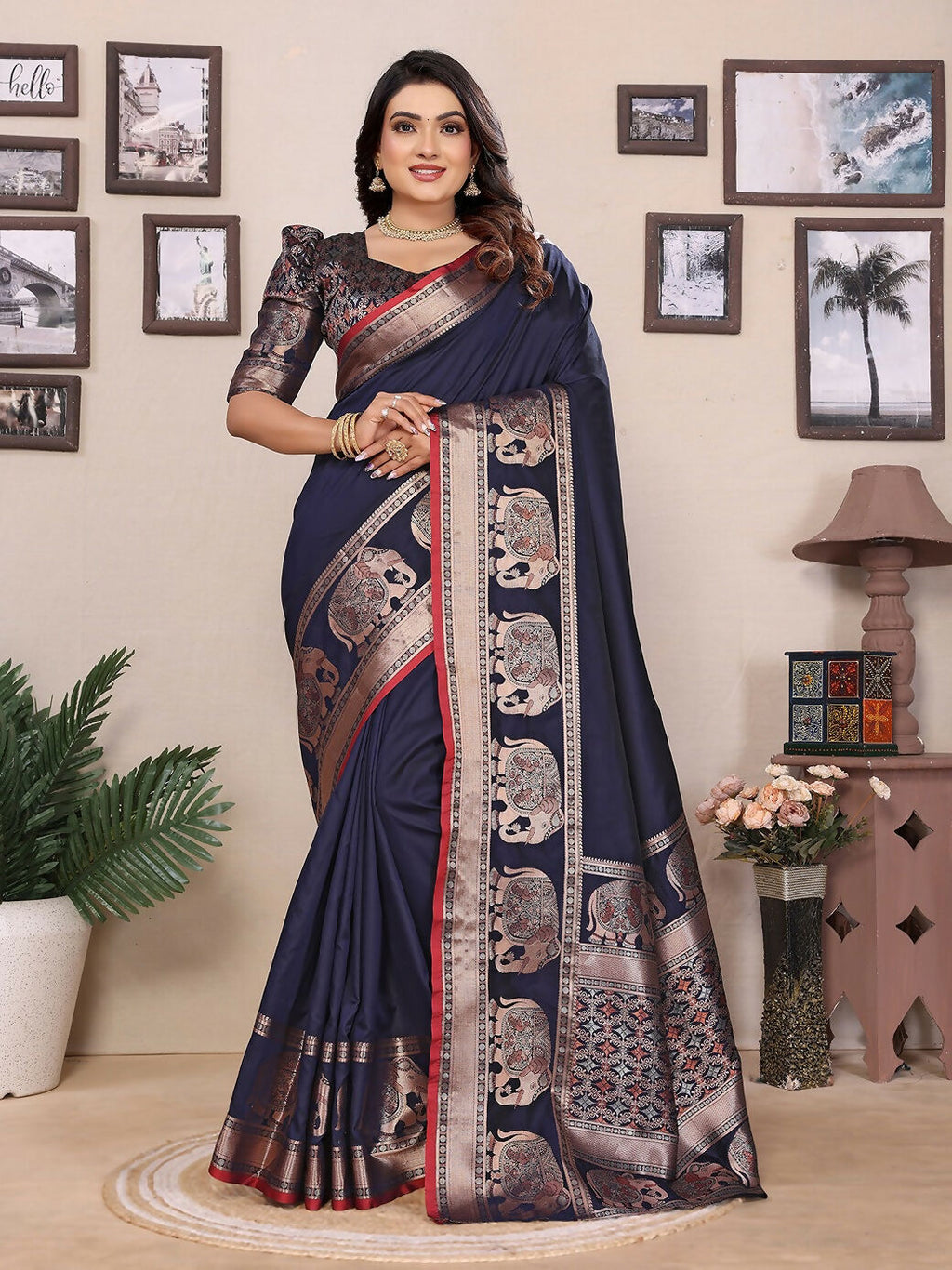 Dark Blue Solid Banarasi Brocade Silk Saree with Blouse