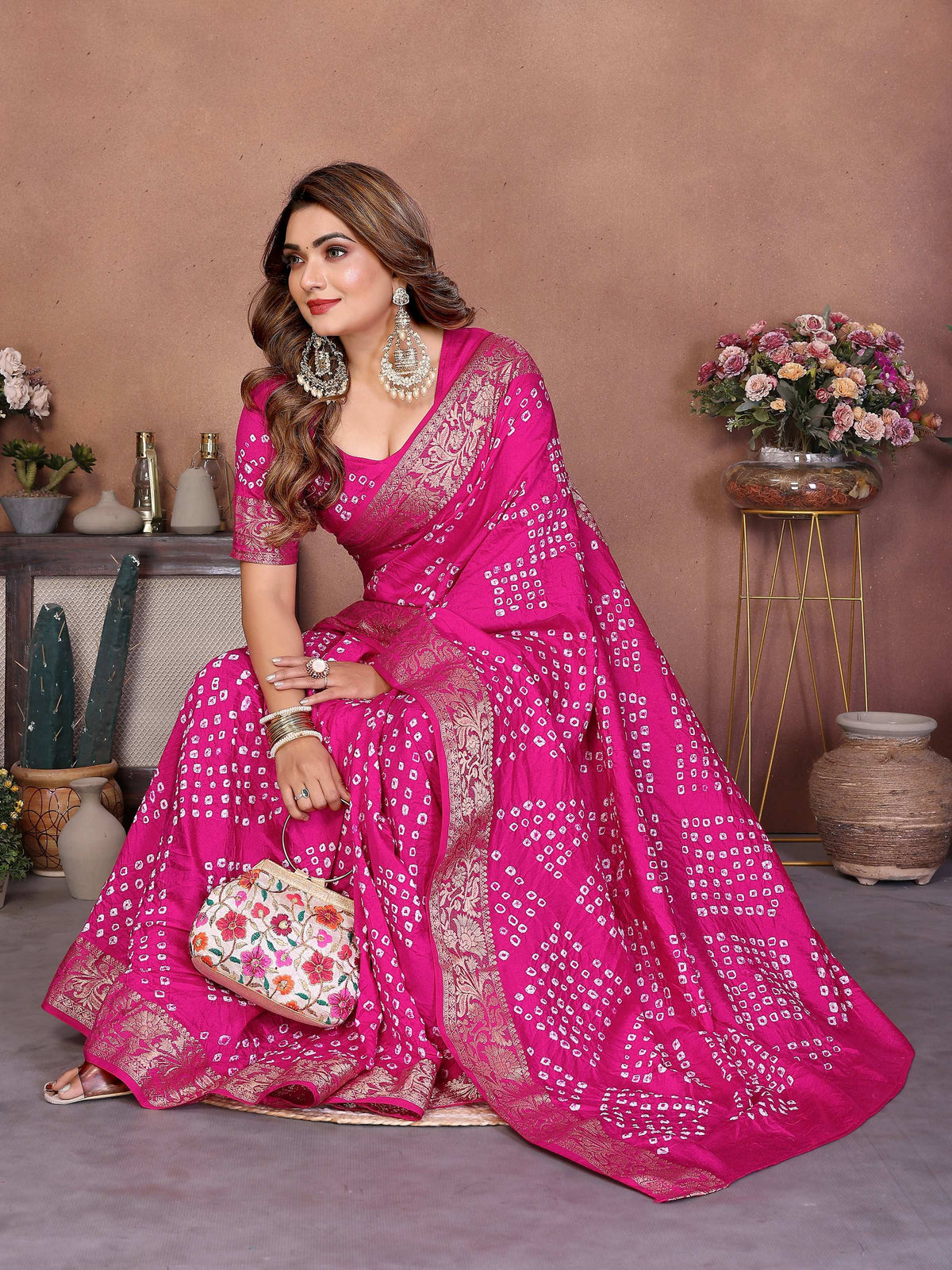 Pink Pure Dola Silk Saree with Handmade Original Bandhej