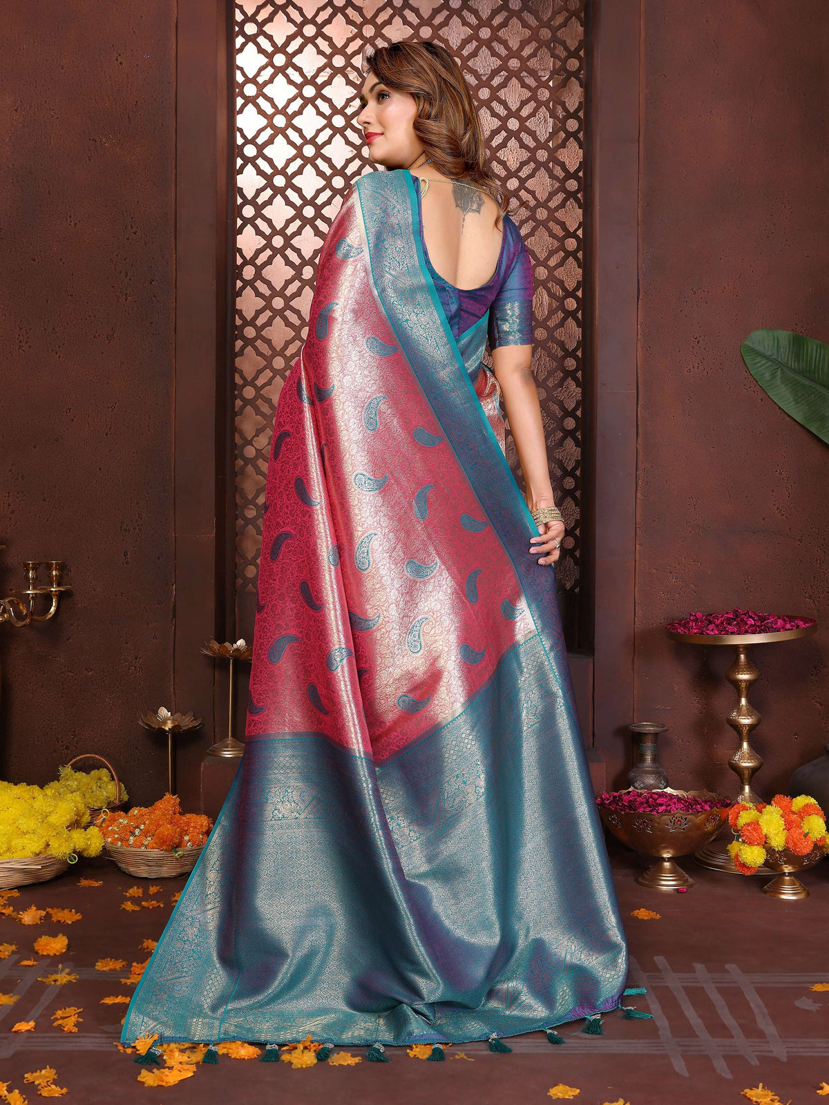 Magenta Tissue Silk Saree with Intricate Traditional Weaving