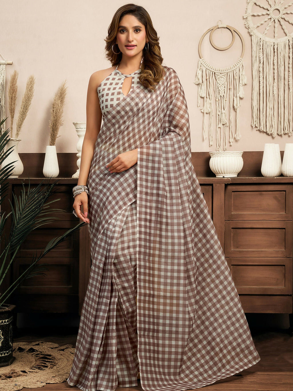 Beige checked pattern linen ready-to-wear saree with cream unstitched blouse
