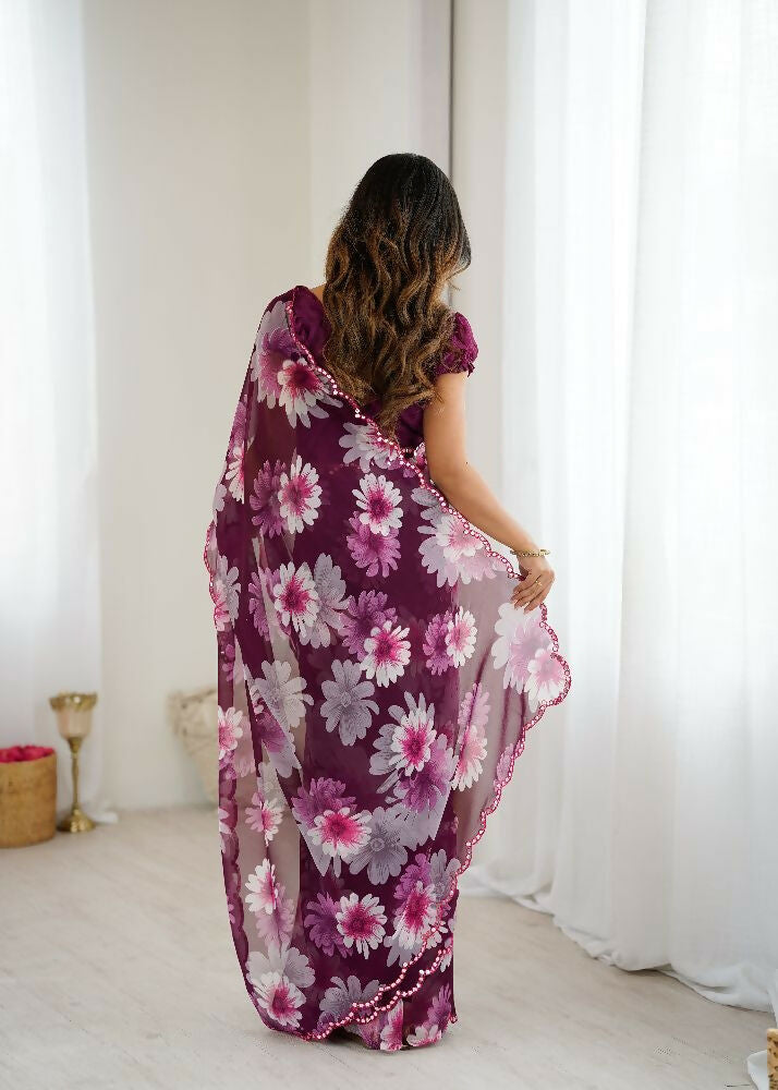PR Fashion Purple Georgette Printed With Mirror Work Saree
