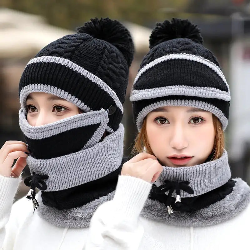 Women's 3-Piece Knitted Beanie Hat and Scarf Set with Face Mask - Image 5