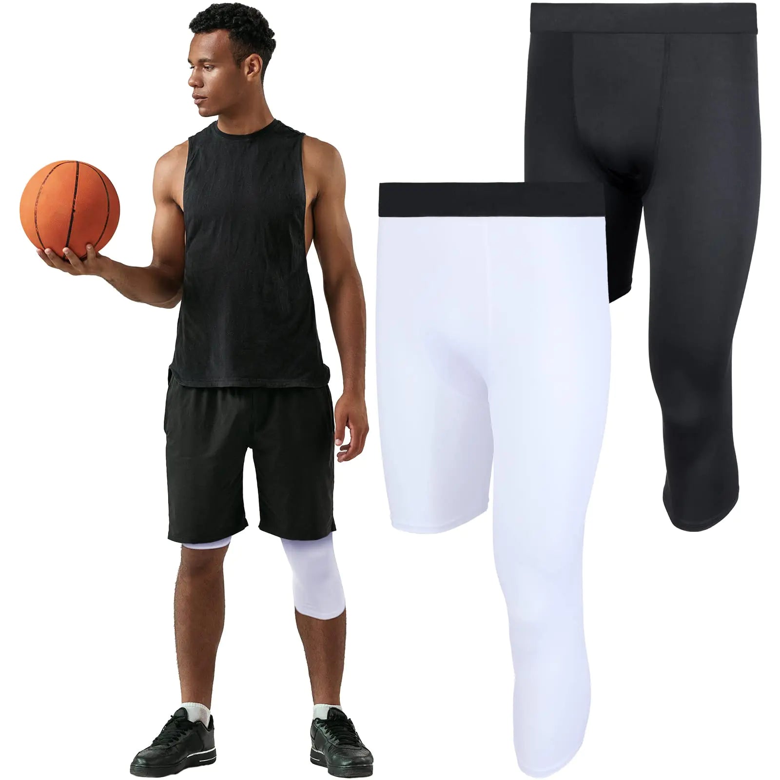 Hercicy 2 Packs Mens 3/4 One Leg Compression Tights Unisex Leggings Athletic Base Layer for Basketball Sports (Medium)