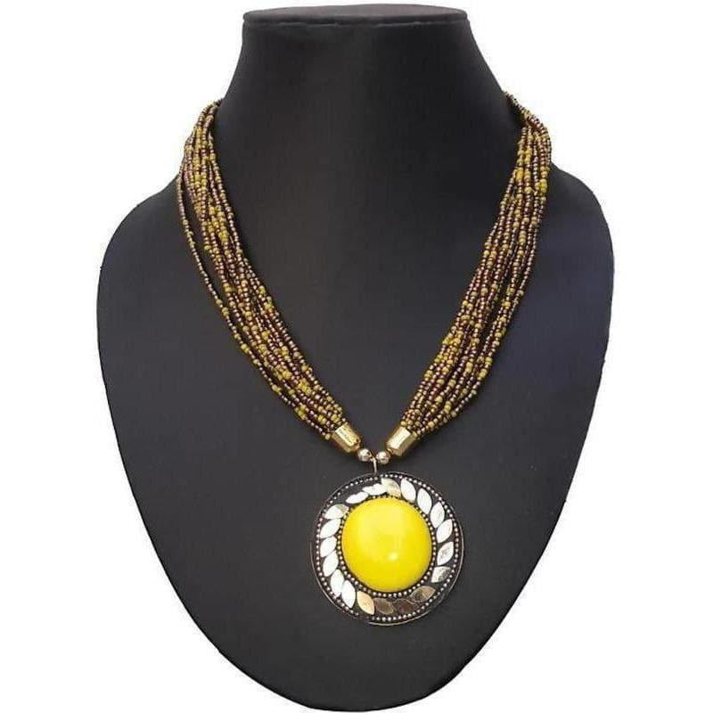 Traditional yellow necklace featuring ornate golden beads, perfect for ethnic outfits