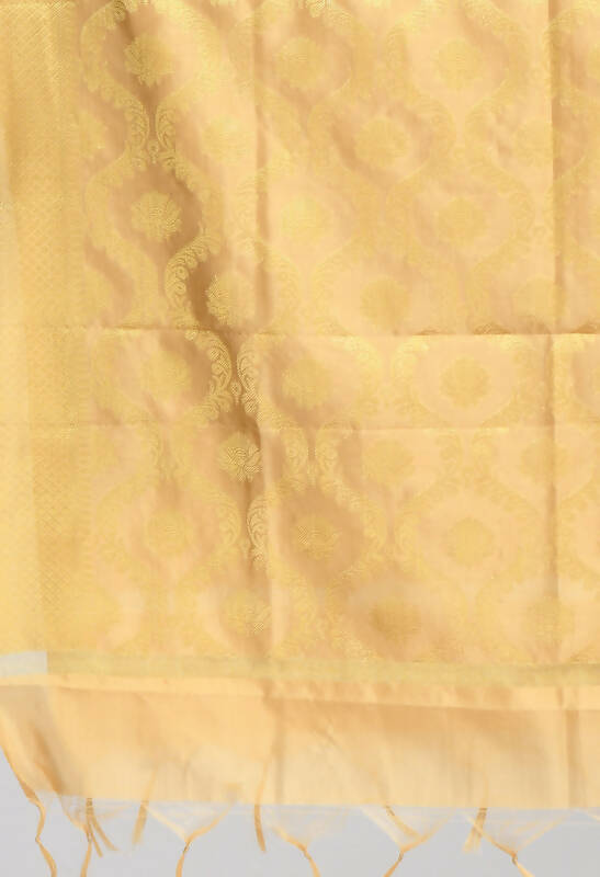 Women's Golden Banarsi Silk Dupatta with All Over Geometric Weave