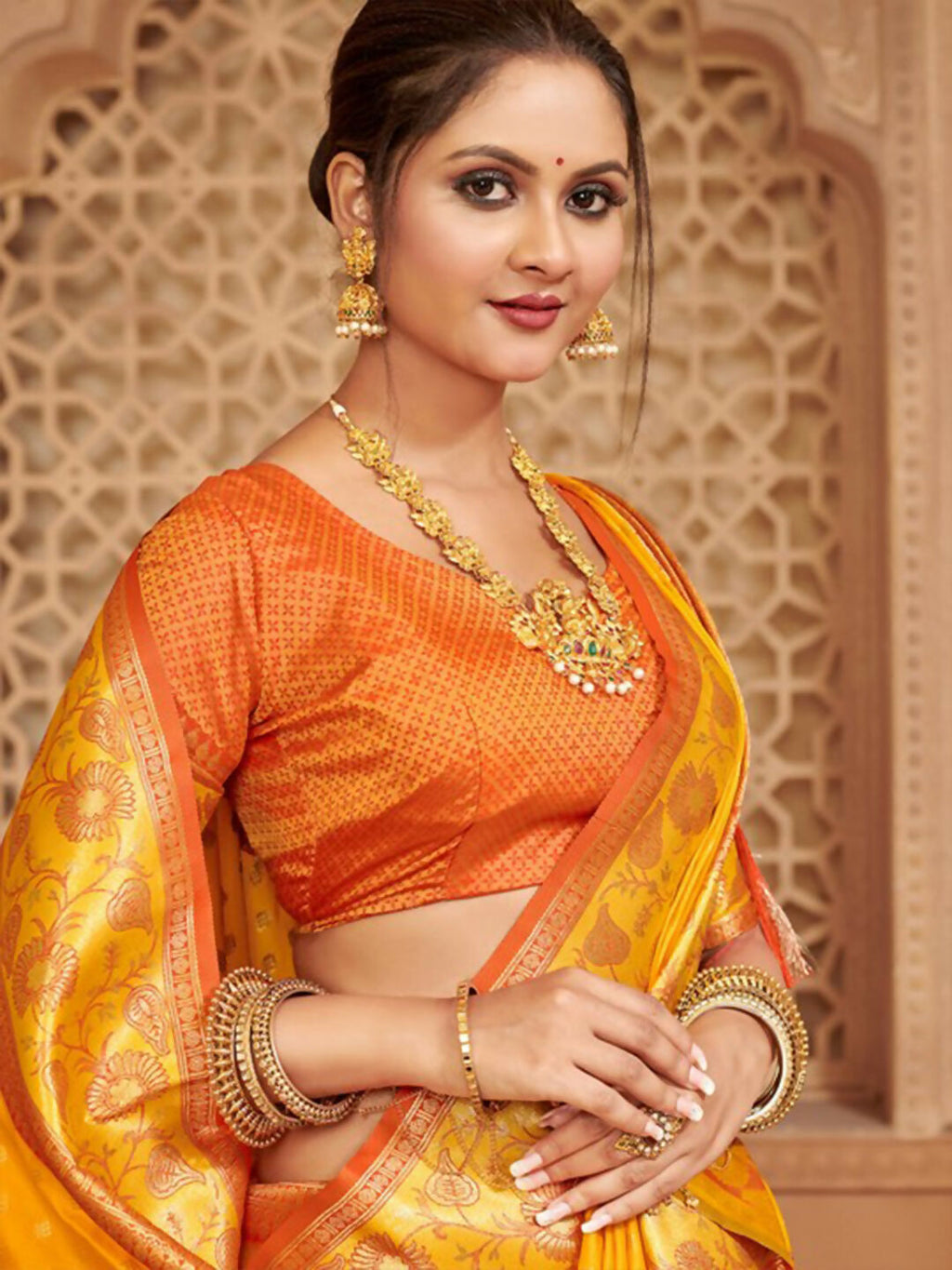 Yellow Silk Blend Saree with Red Contrast Blouse