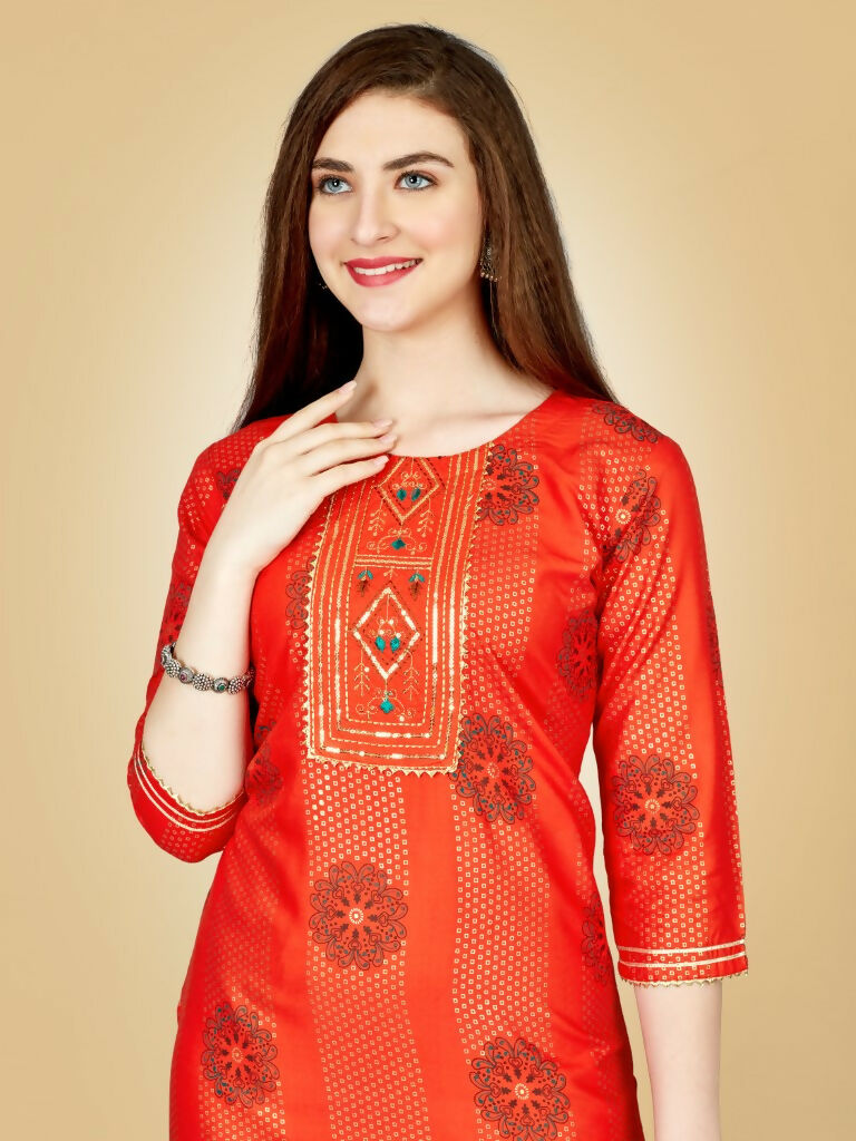 Women's Orange Viscose Rayon Embroidered Kurta Pant Set