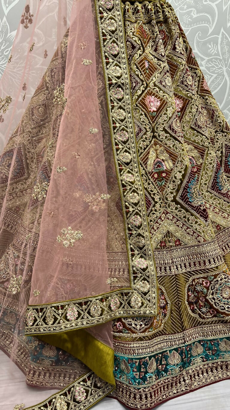 Mehendi Velvet Wedding Lehenga Choli with Dori and Zircon Work
