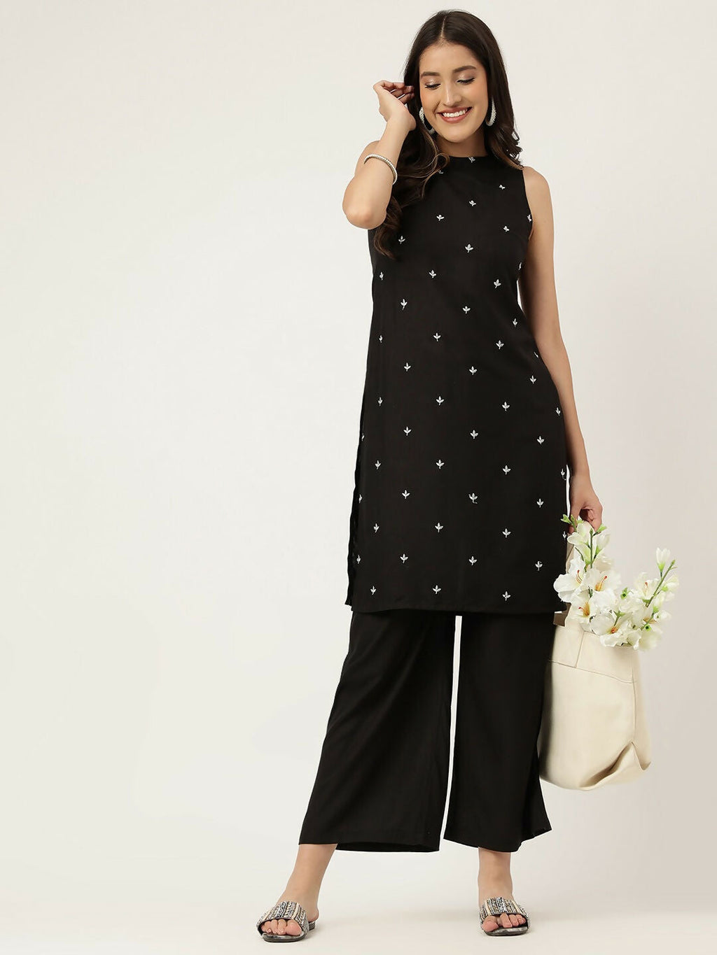 Black Rayon Straight Kurta and Bottom Set with Embroidered Work