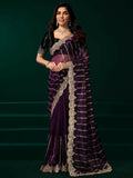 Elegant wine color net party wear saree with contrast black velvet blouse
