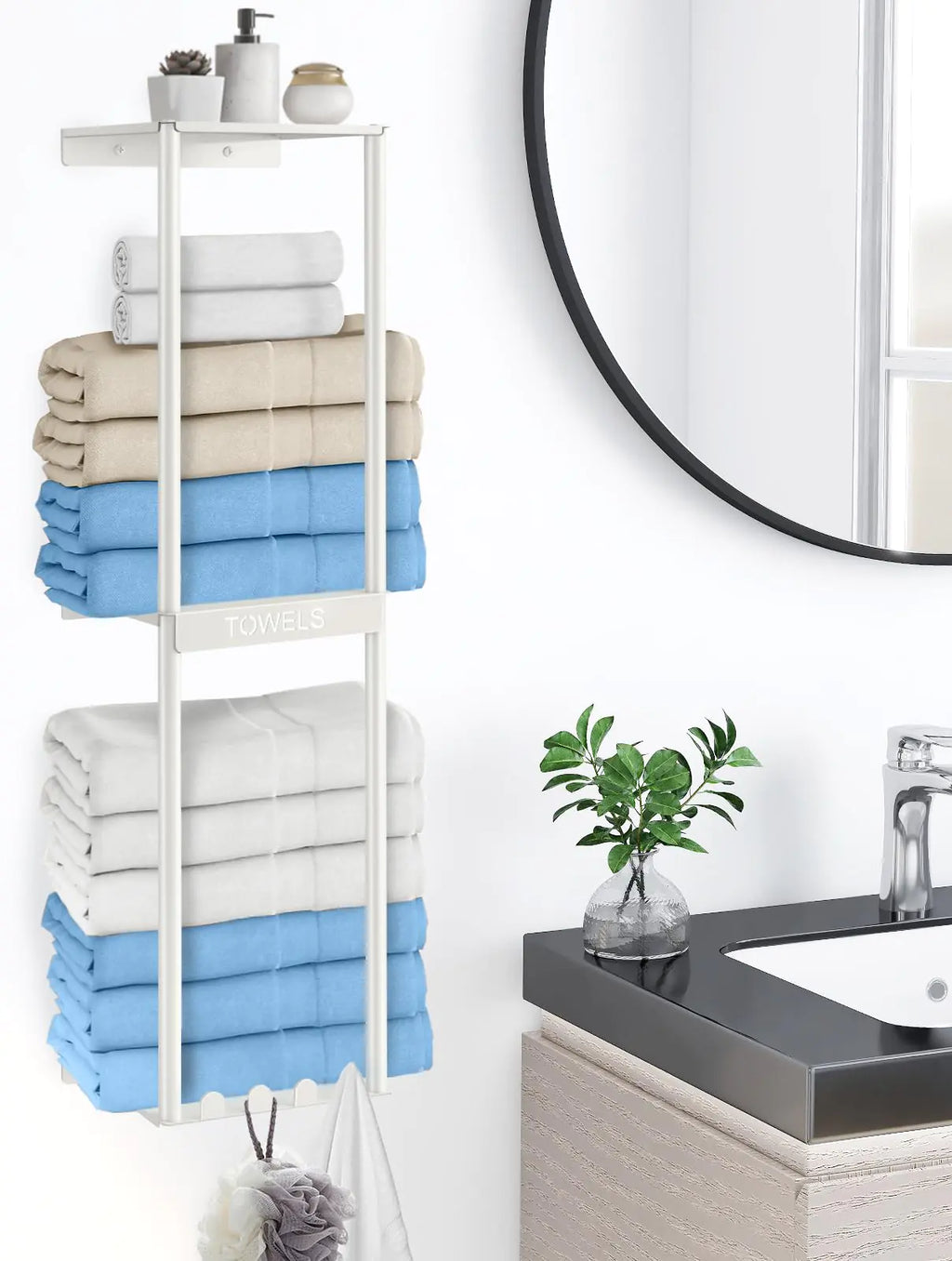 Bathroom Towel Storage Rack Wall Towel Rack for Rolled Towels 3 Tier Towel Holder Shelf with 4 Hooks for Small Bathroom White