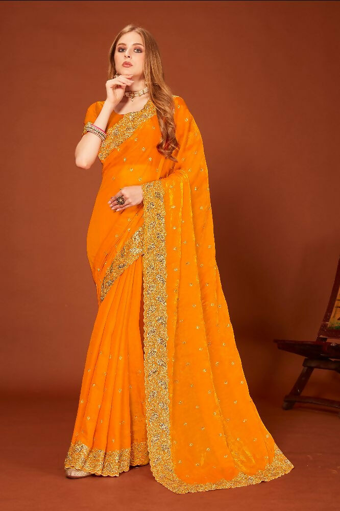 Mustard Fendi Two Tone Silk Saree with Zari and Siroski Work