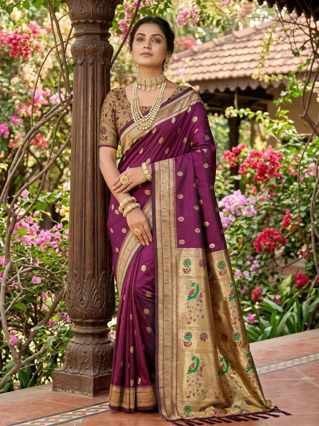 Beautiful Wine colored Soft Silk saree with golden blouse piece