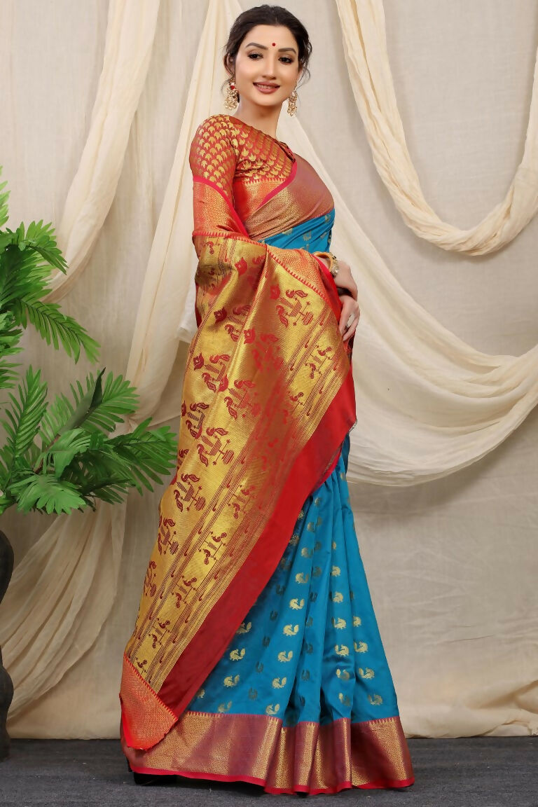 Firozi Banarasi Silk Zari Woven Saree with Contrast Red Blouse