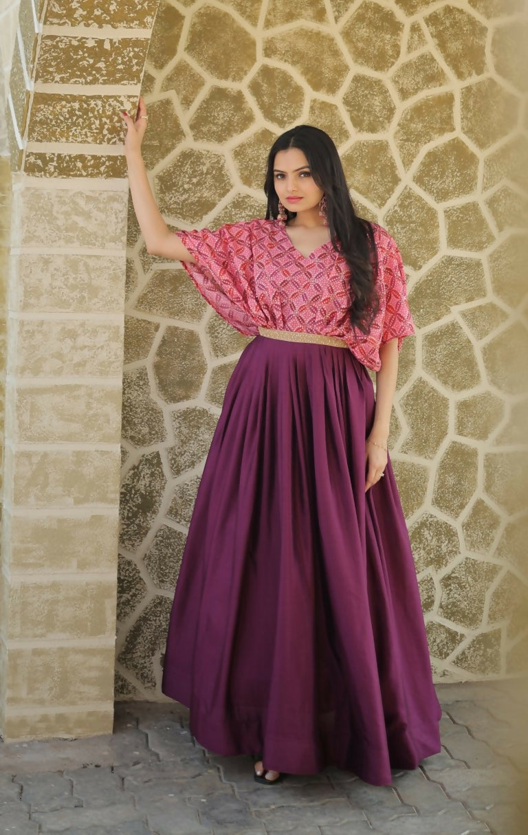 Floor-length wine and pink printed Anarkali dress in Chinon fabric with sequin embellishments.