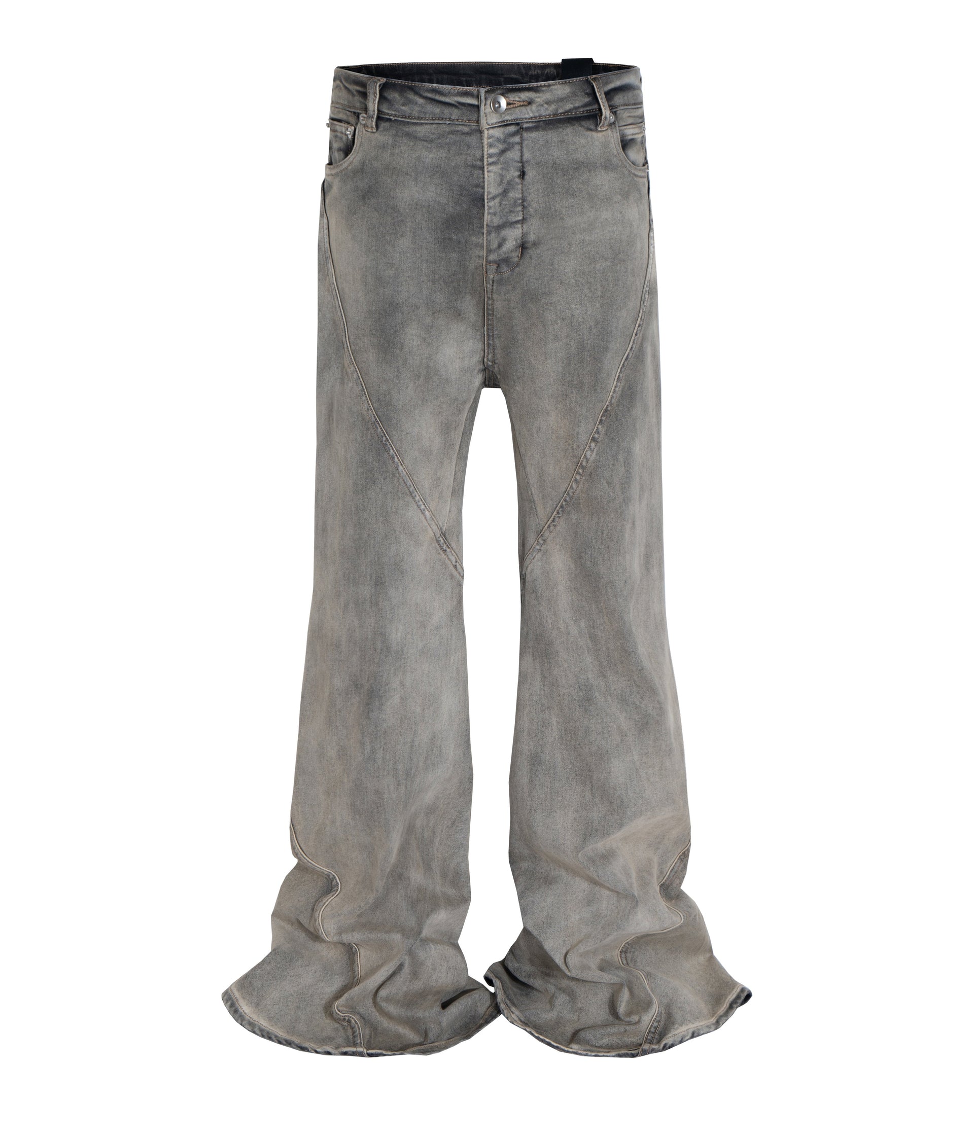 Front view of grey wash wide leg flared denim jeans with structural seam detailing on the thighs.