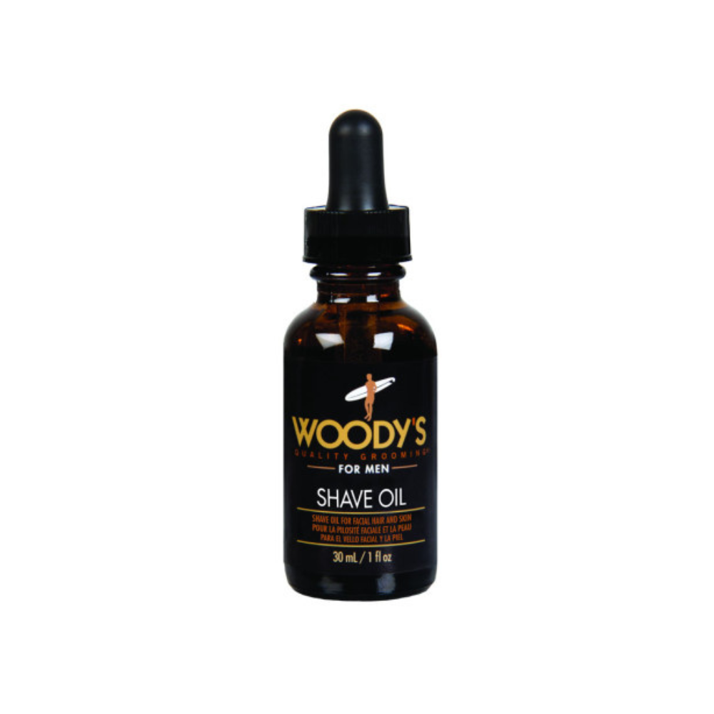 Woody's Shave Oil in an amber bottle, 1 fl oz size for men's grooming