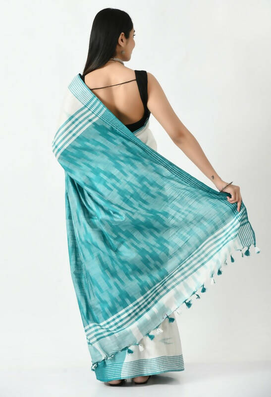 White & Sea Green Bhagalpuri Handloom Ikat Cotton Saree