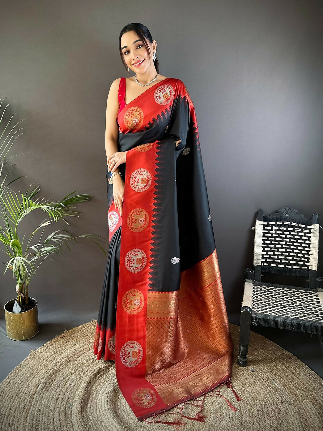 Classic red Banarasi silk saree with butti patterns and unstitched blouse