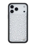 iPhone case featuring a white pearl-embellished back design with a solid black protective frame