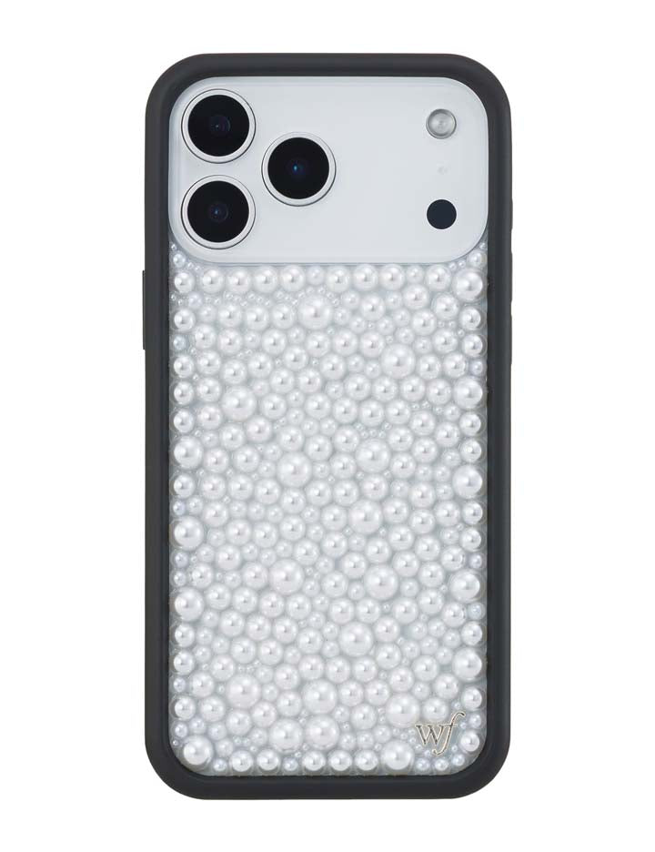 iPhone case featuring a white pearl-embellished back design with a solid black protective frame