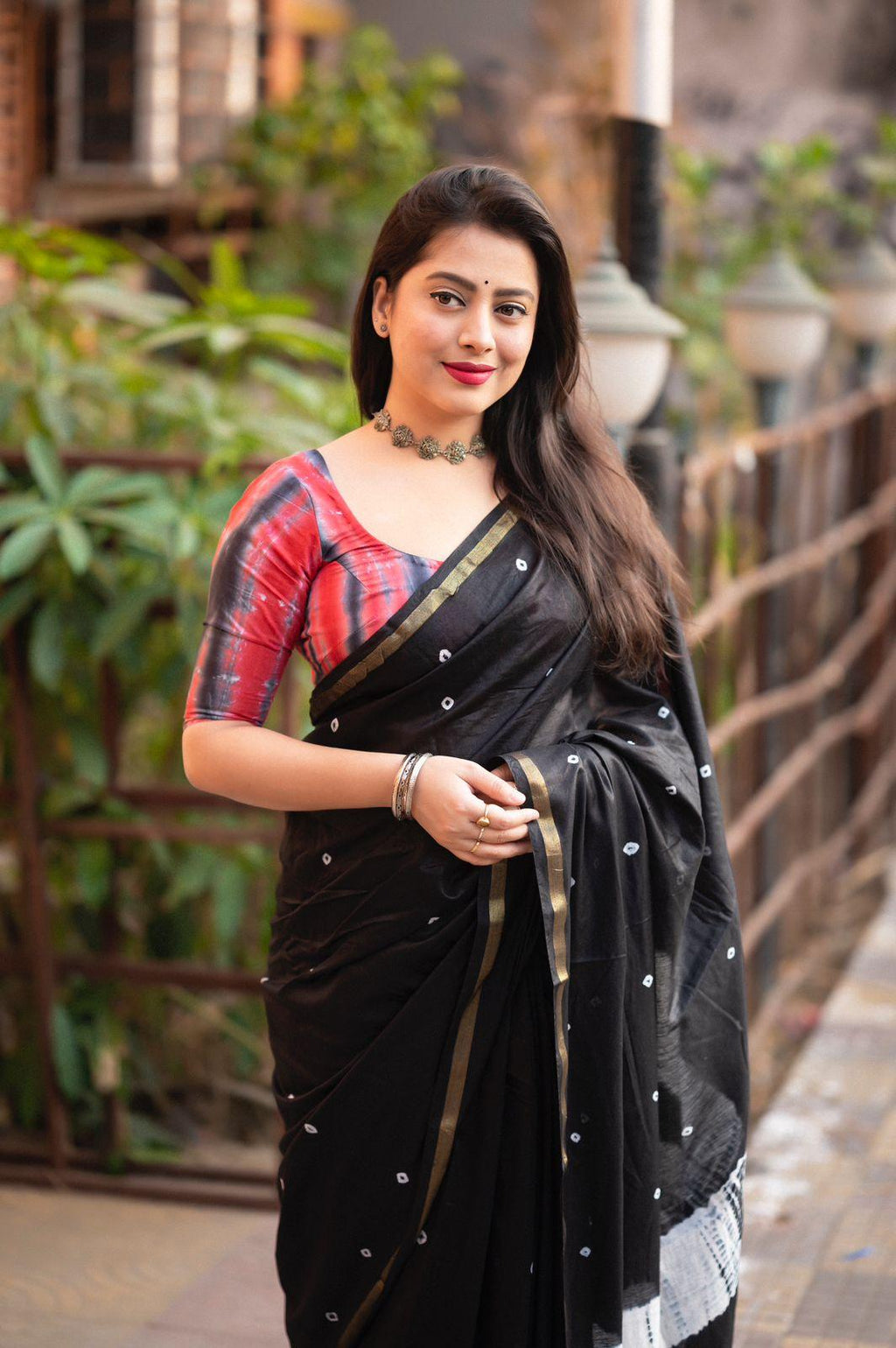 Black Chanderi Cotton Block Print Saree with Unstitched Blouse - Hiral Fashion