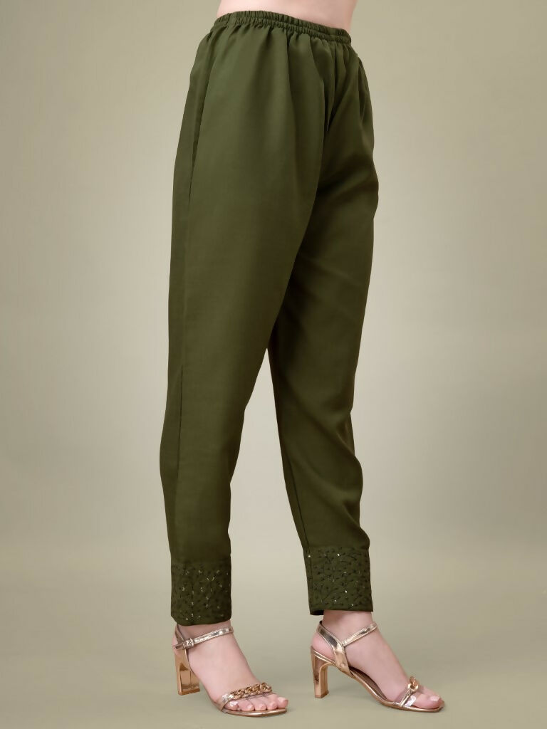 Mehendi Cotton Blend Straight Kurta with Trouser and Dupatta Set