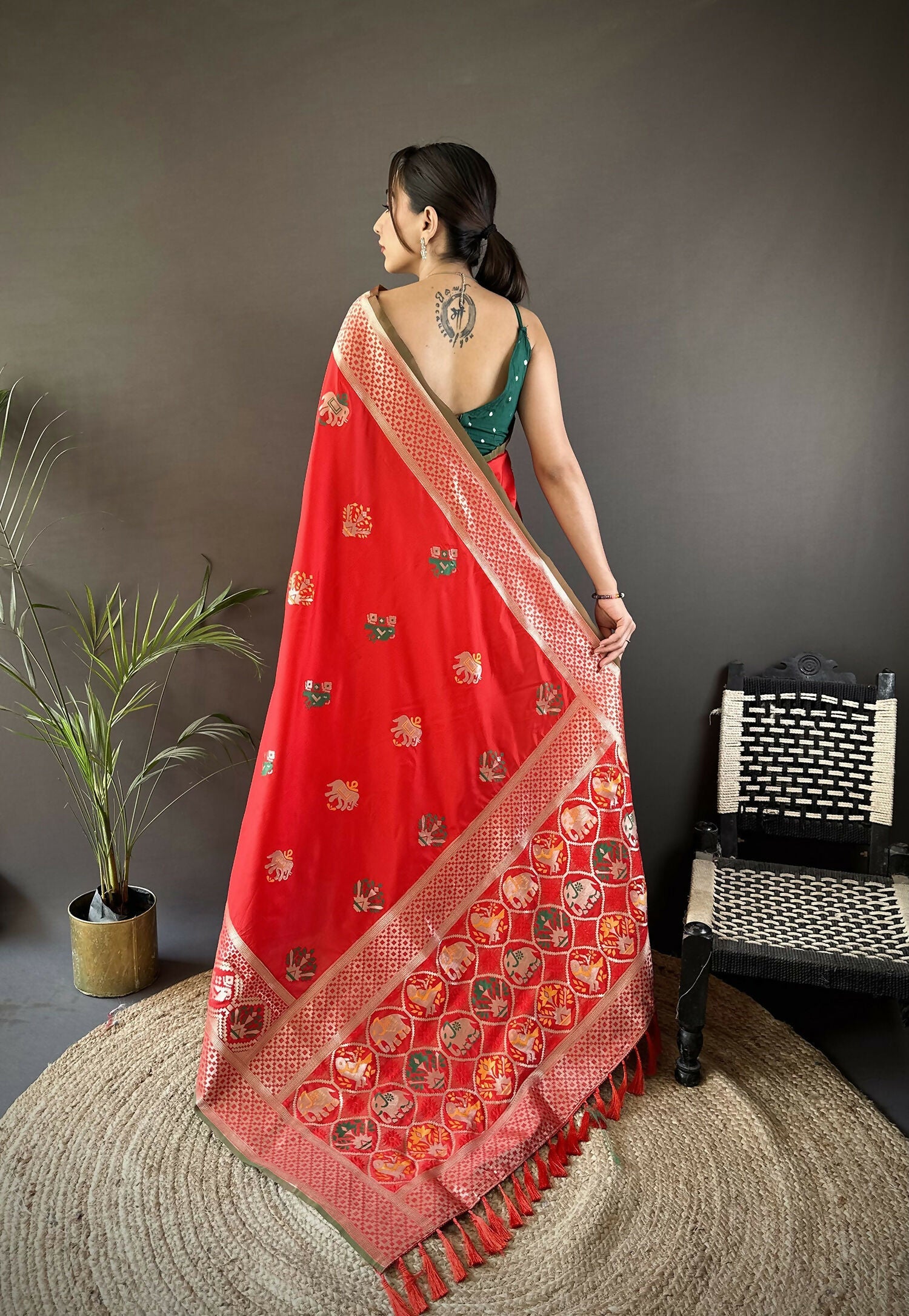 Red Elephant & Floral Motif Soft Lichi Silk Banarasi Saree
