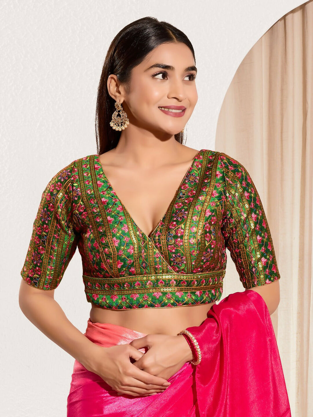 Bottle green mulberry silk padded blouse with V-neck and elbow sleeves