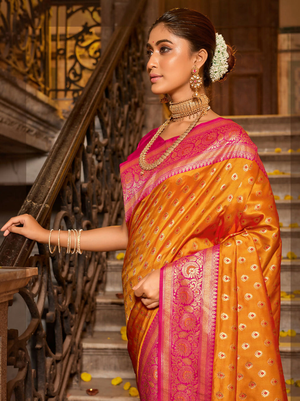 Mustard Banarasi Silk Saree with Contrast Pink Blouse